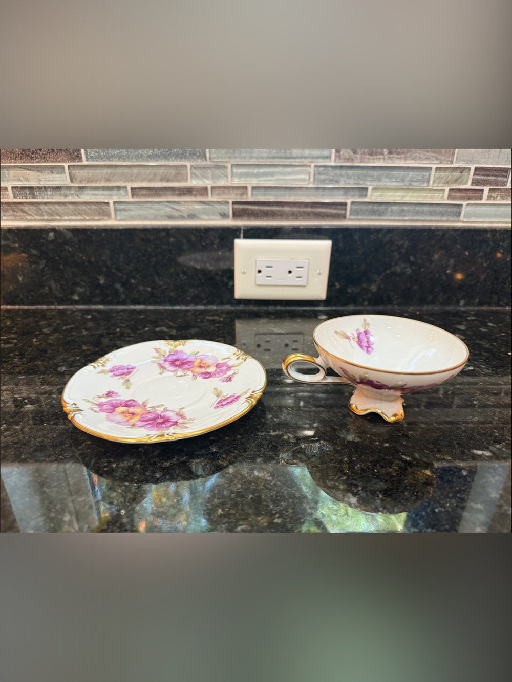 Pink Floral Porcelain Footed Tea Cup and Saucer Set with Gold Trim